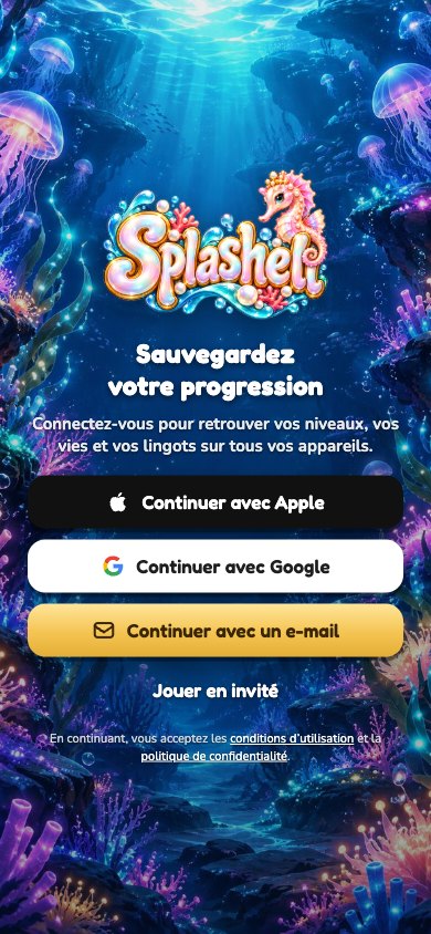 Écran de connexion : Apple, Google, e-mail ou invité