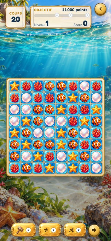 Une partie de Splashell : le plateau de perles, poissons-clowns, coraux et étoiles de mer dans le monde de la plage